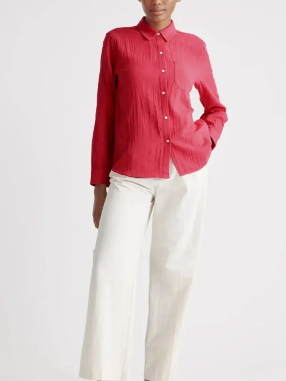 Quince 100% Organic Cotton Gauze Long Sleeve Shirt Hot Pink S Boho Coastal